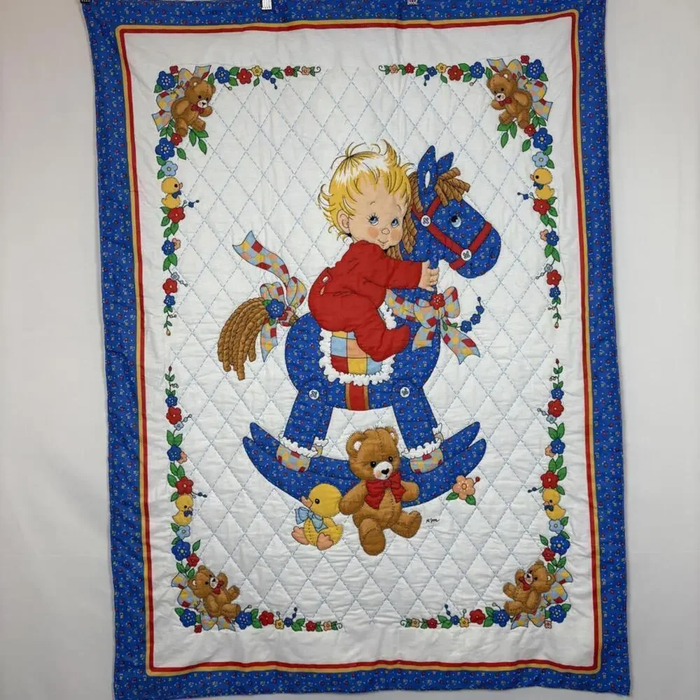 Baby Boy European Swedish Inspired Rocking Horse Nursery Quilt